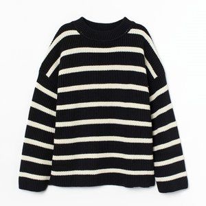 H&M Rib-knit Sweater Black & Natural White Striped Medium